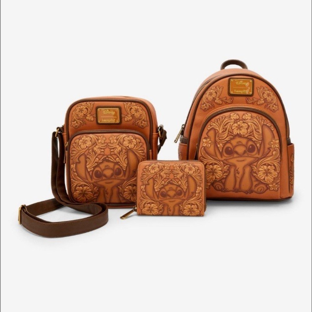 Loungefly Stitch's latest backpack, matching wallet, and crossbody in Brown set